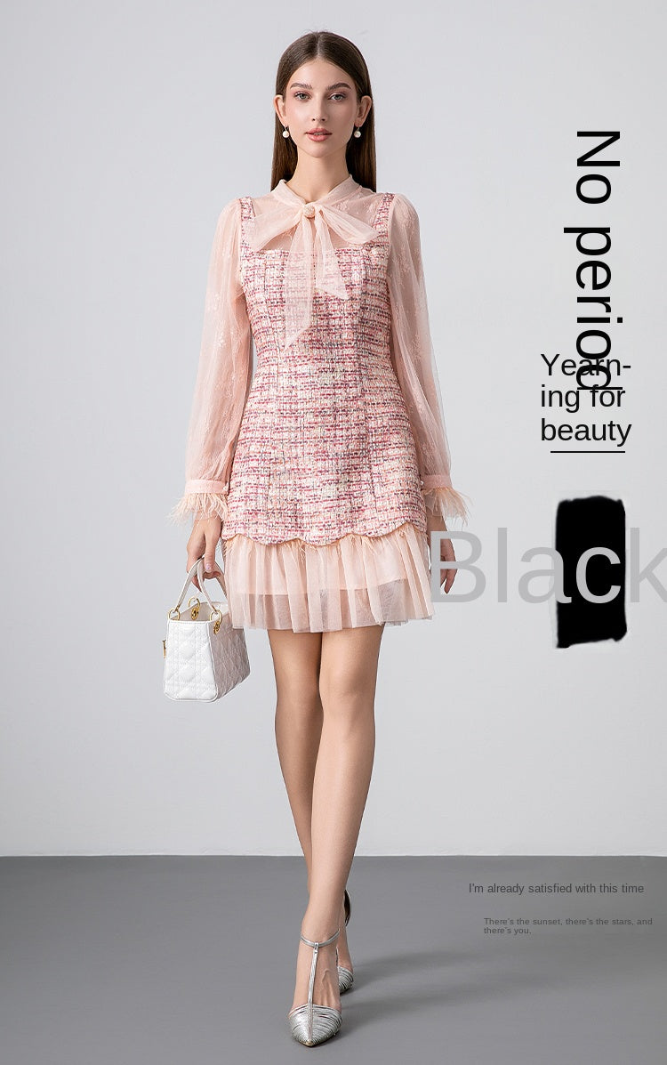 Original design: spring, summer, autumn, art lace stitching, colored tweed, small fragrance, big bow, ostrich feather dress