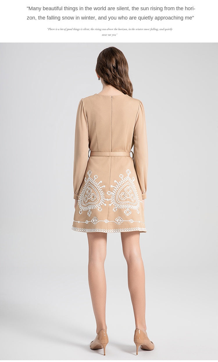 Original Design Women's Light Luxury Heavy Industry Chiffon Splicing Plate Belt Embroidered High Waist Show Thin Temperament Dress