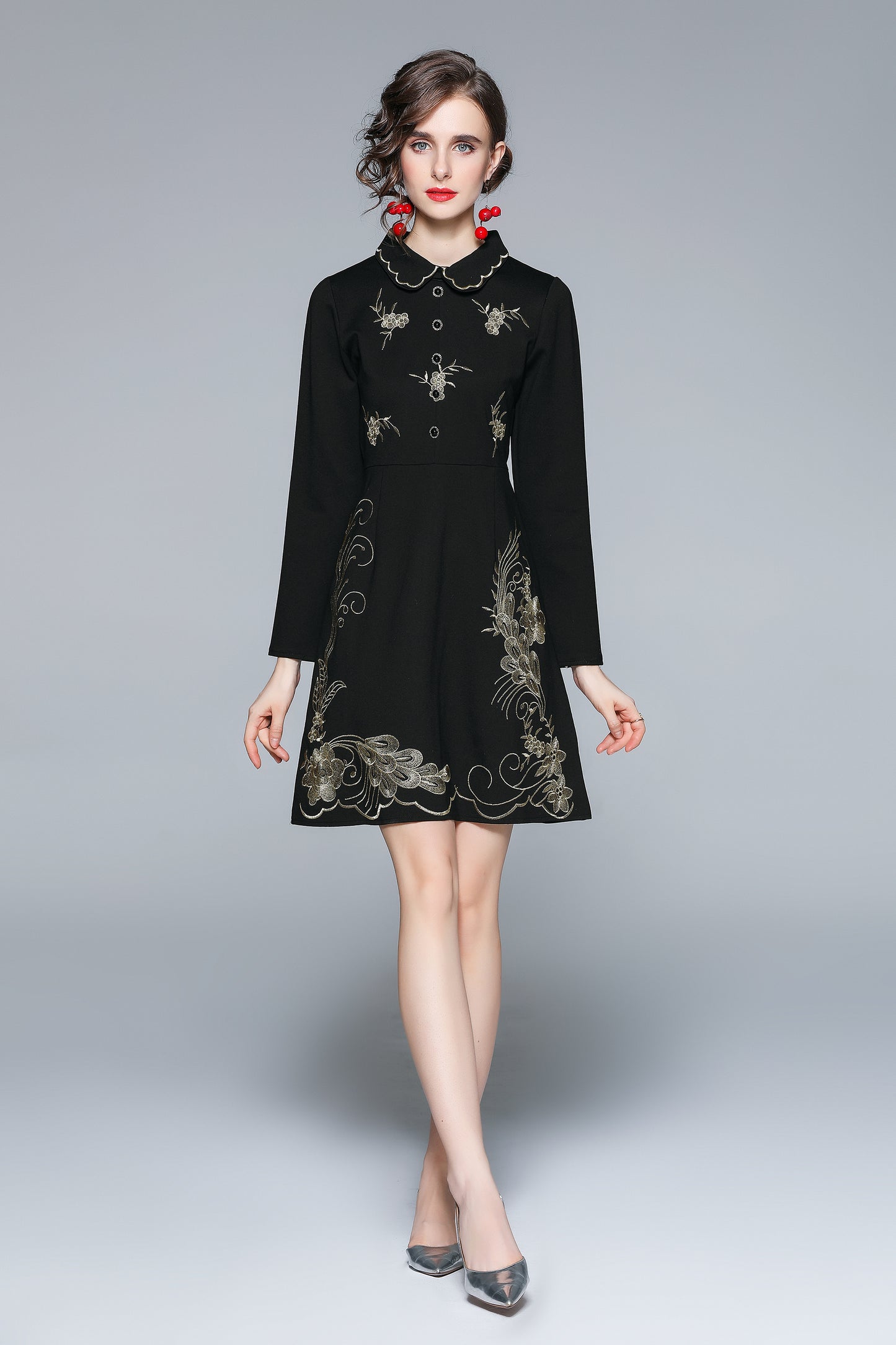Original design exquisite temperament lapel single breasted heavy embroidery waist slimming autumn and winter dress