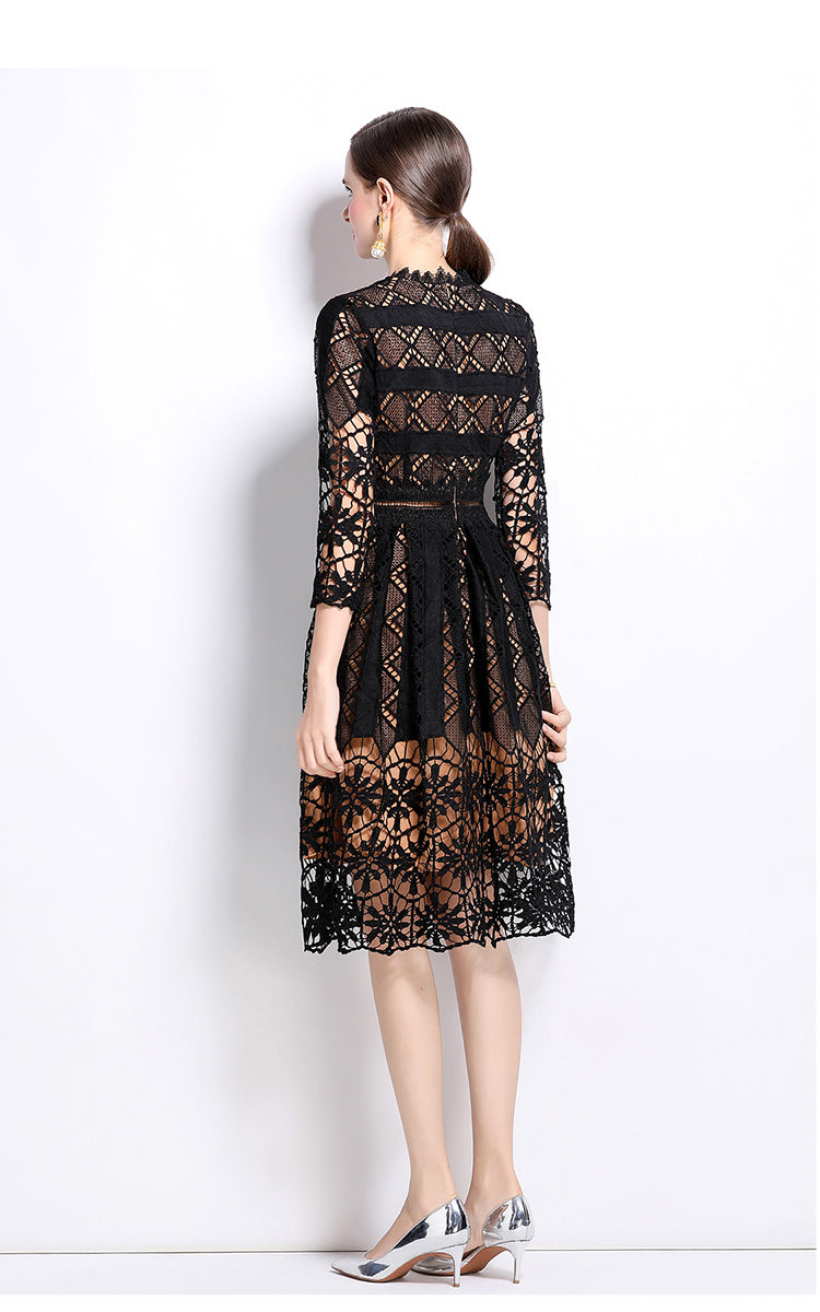 Original design mid long sleeved slimming hollow out water-soluble lace positioning printed mid length dress for spring, summer, autumn vacation