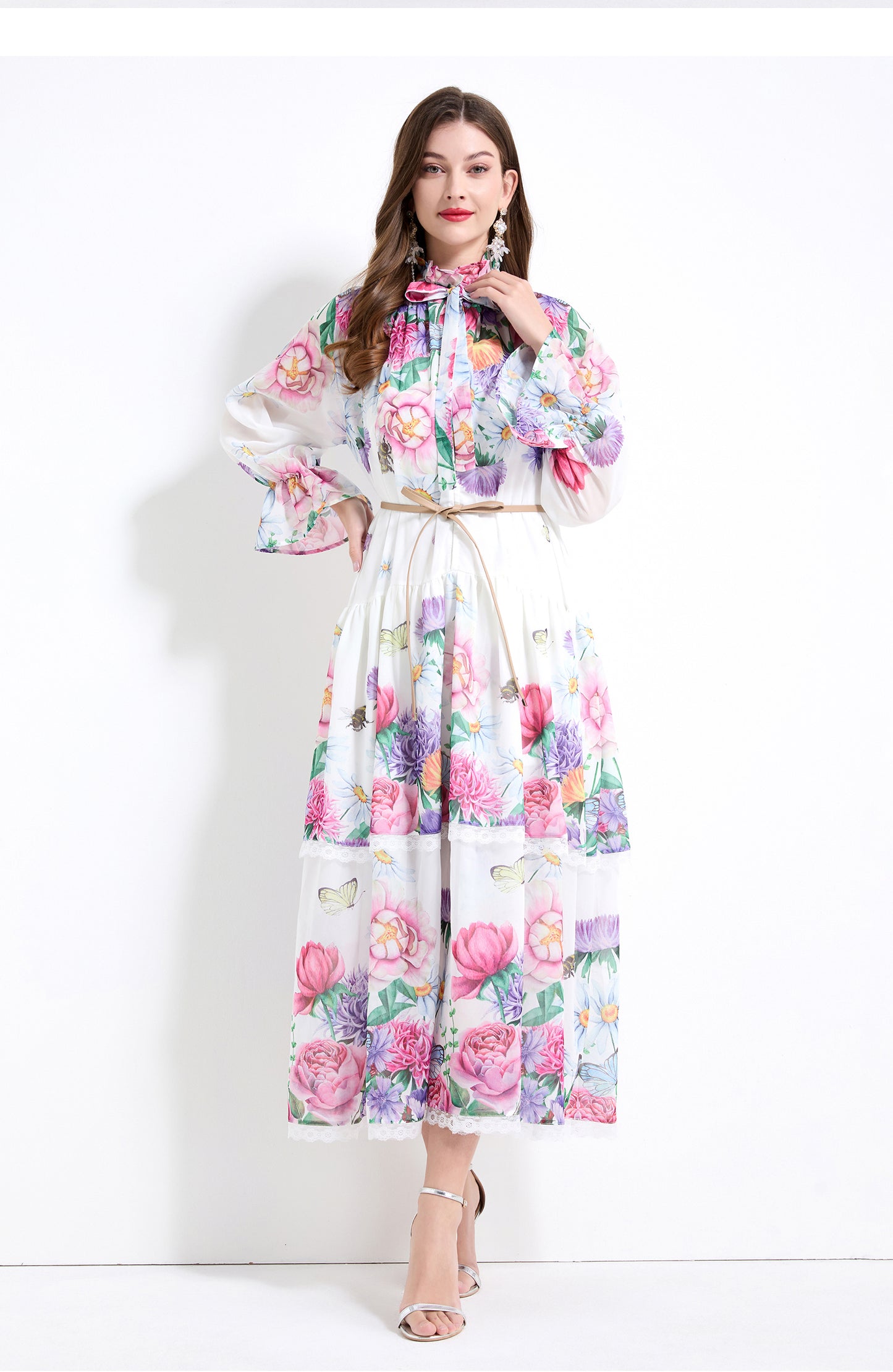Original design - spring and summer fake lace cake skirt floral print waist ruffle skirt