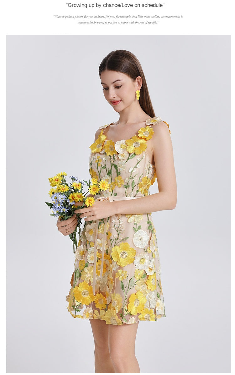 Original Design Embroidered Boutique Color Stereoscopic Handmade Flower Binding Adjustable Strap Strap Dress