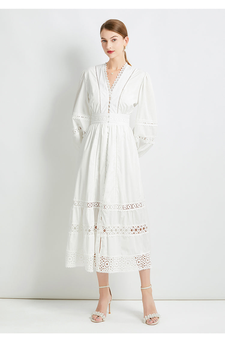 Original design fashionable temperament V-neck patchwork lace hollow out design sense long sleeved waist cinching dress