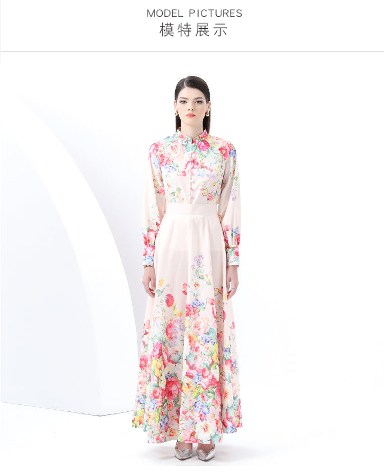 Original Design Spring/Summer Retro Style Stand up Collar High Waist Wave Edge Printed Dress Set, Two Piece