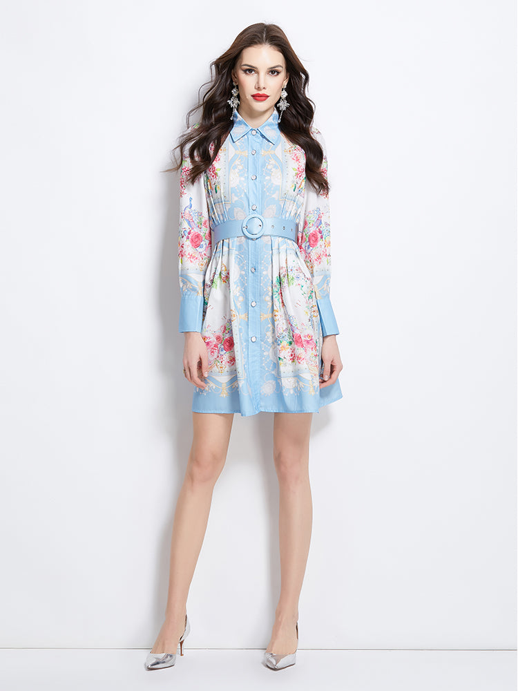 Original Design Spring/Summer/Autumn Vacation Retro Oil Painting Printed Collar Short Dress