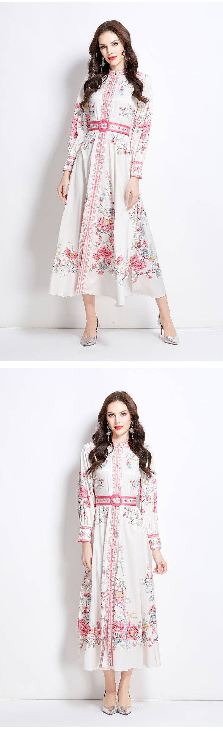 Original design mid length dress with blue and white porcelain pattern standing collar for spring, summer, autumn vacation