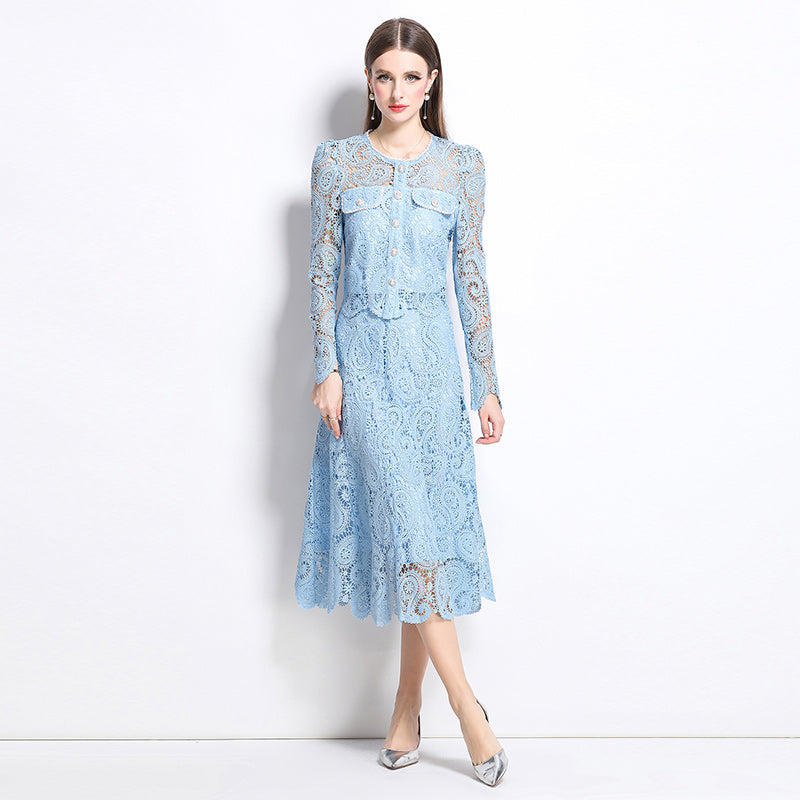 Original design for spring and summer small fragrance style set light luxury and high-end water-soluble lace skirt two-piece set