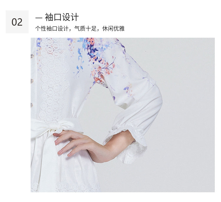 Original design fashionable bohemian lapel lace border lantern sleeves cinched waist long printed dress