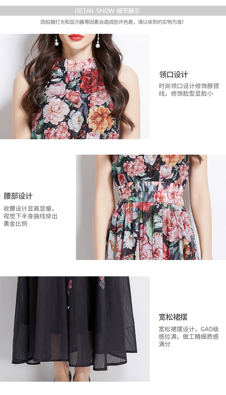 Original Design Spring/Summer Vacation New Oil Painting Flower Printed Hanging Neck Long Dress