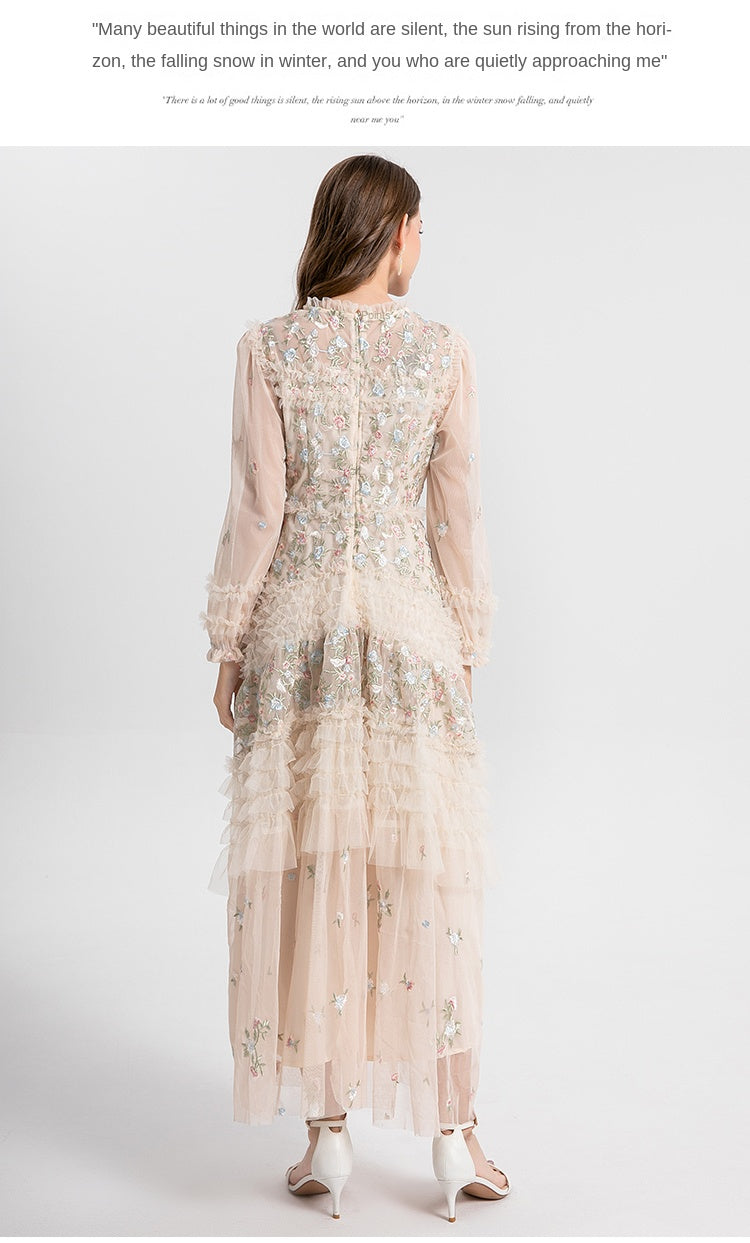 Original design spring, summer, autumn women's clothing pastoral forest temperament heavy industry color embroidered fungus edge swing dress