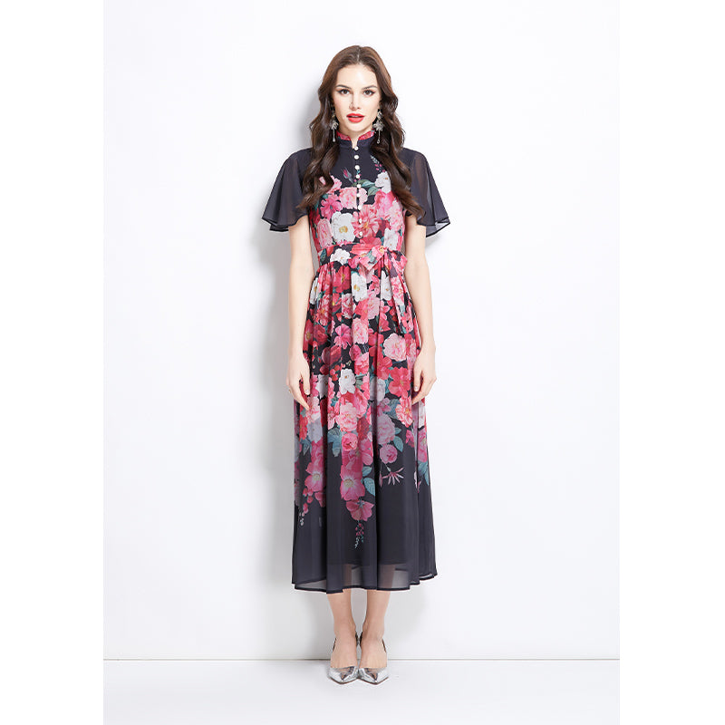 Original design for spring and summer small flying sleeves ruffled edges floral patterns colorful waist cinched stand up collar dress