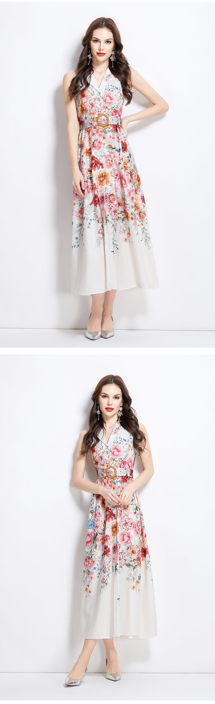 Original design for spring and summer vacation, new floral oil painting style shirt style long dress