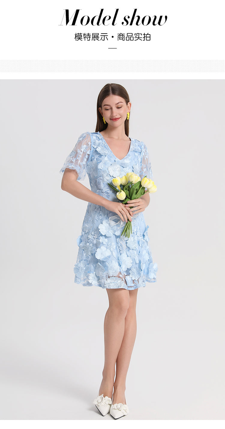 Artwork boutique handmade three-dimensional embroidered French solid color hem VL neck puff sleeve dress