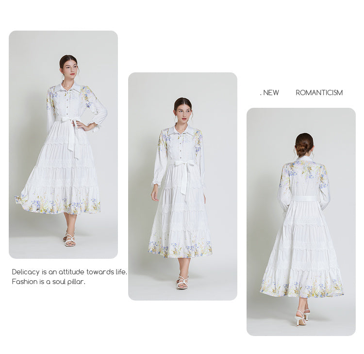 Original design fashionable bohemian lapel lace border lantern sleeves cinched waist long printed dress