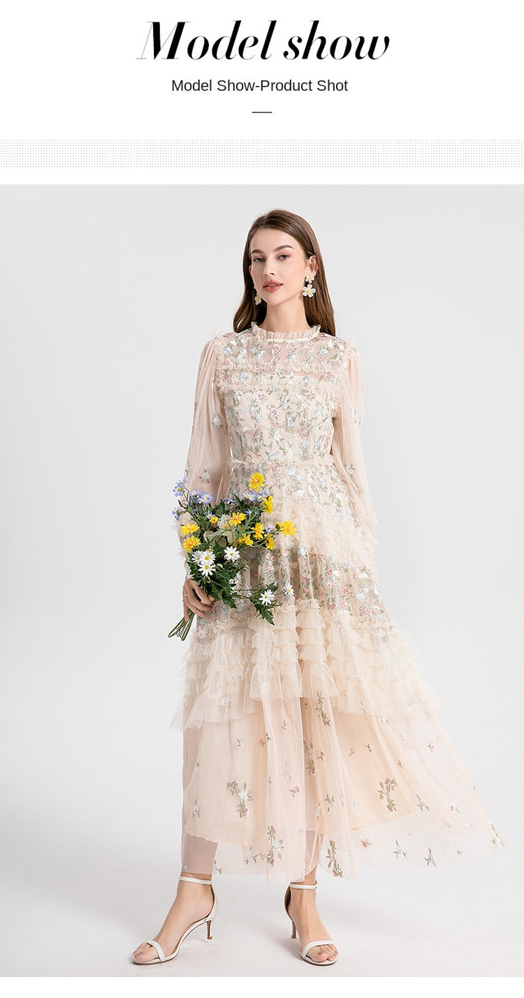 Original design spring, summer, autumn women's clothing pastoral forest temperament heavy industry color embroidered fungus edge swing dress