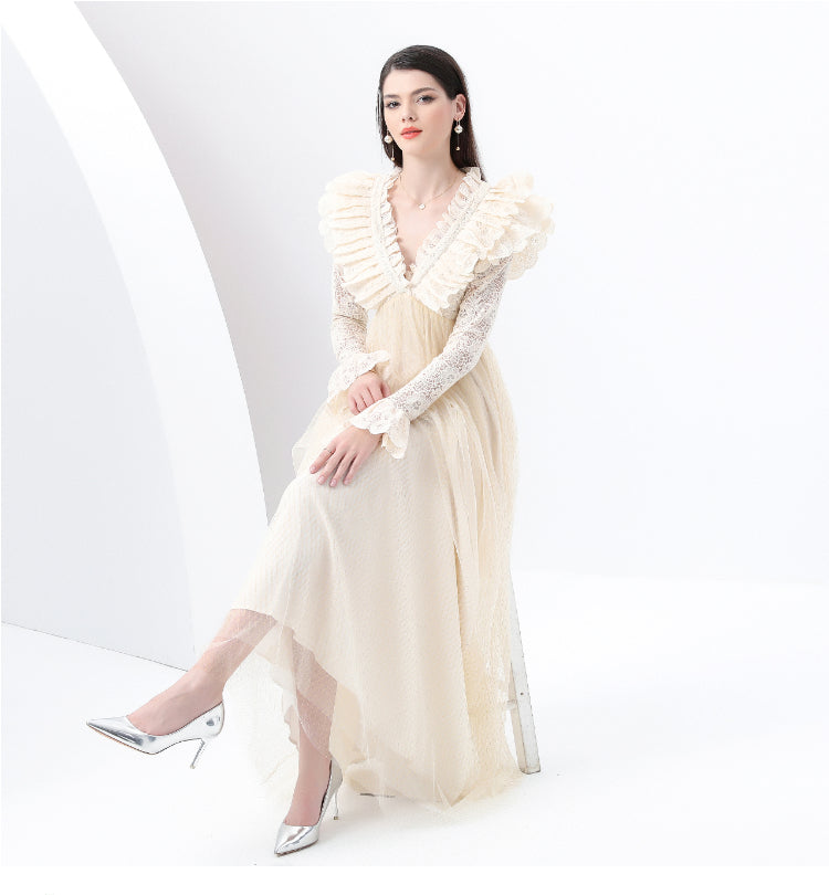 Original design: Spring, Summer, Autumn, resort style, embroidered lace, V-neck, long sleeves, lace and mesh maxi dress