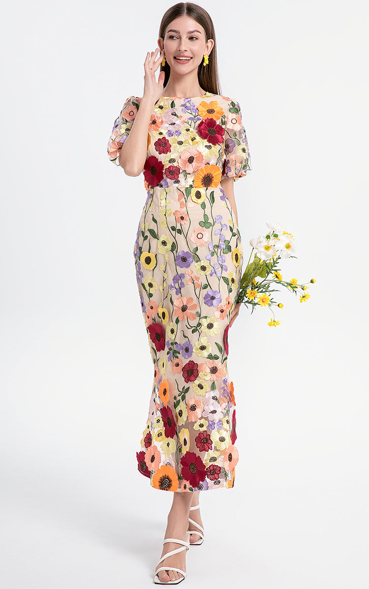 Handmade three-dimensional color embroidery puff sleeve wrap hip temperament mermaid tail skirt art handmade three-dimensional color embroidery puff sleeve hip wrap temperament mermaid skirt