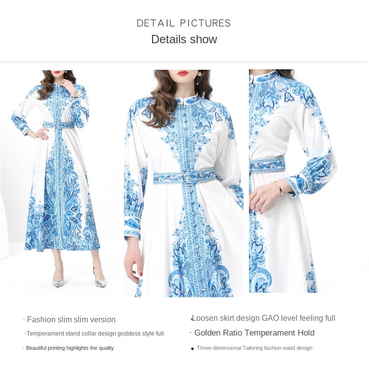 Original design: Spring, Summer, Autumn, resort style, vintage stand-up collar, single-breasted, lace panel, printed wide hem maxi dress