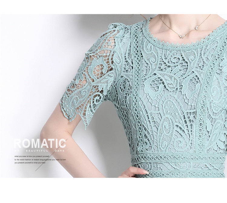 Original design temperament short sleeved skirt slim fit waist cinching heavy industry water-soluble lace dress for women