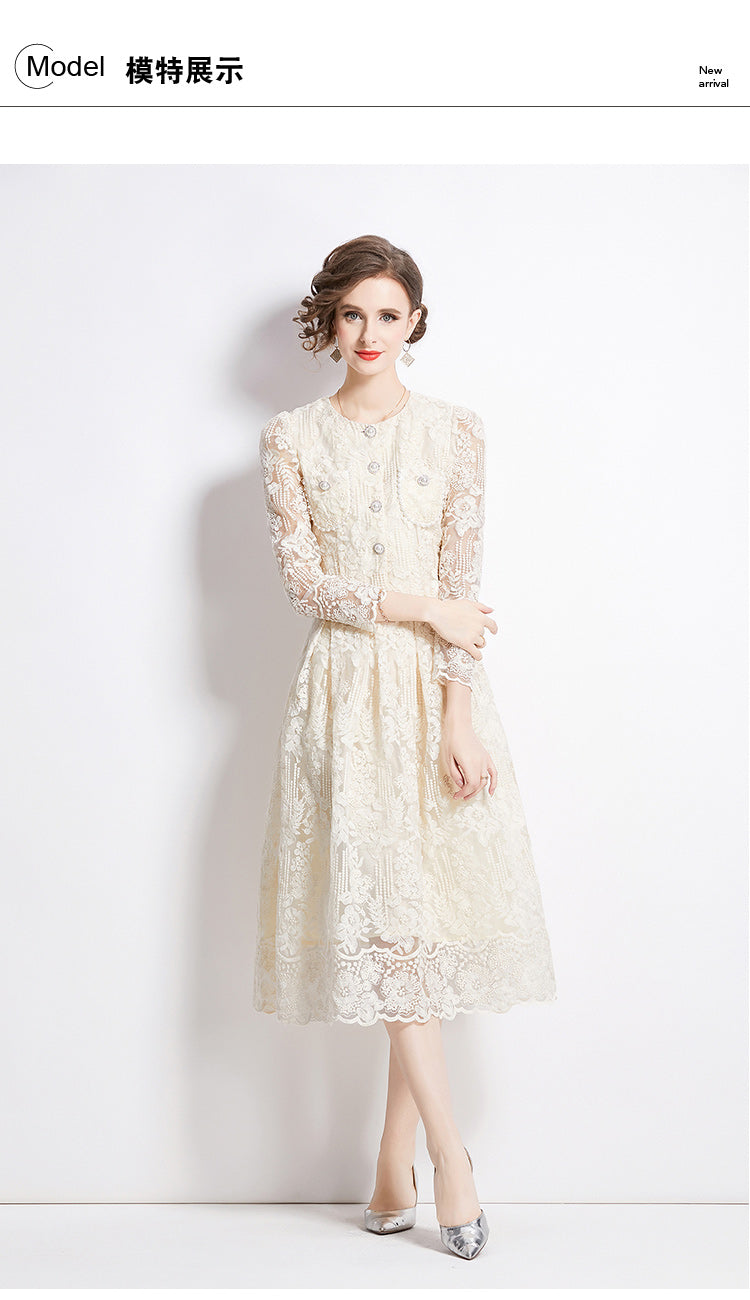 Original design for spring and summer long sleeved small fragrance style set light luxury temperament water-soluble lace skirt two-piece set