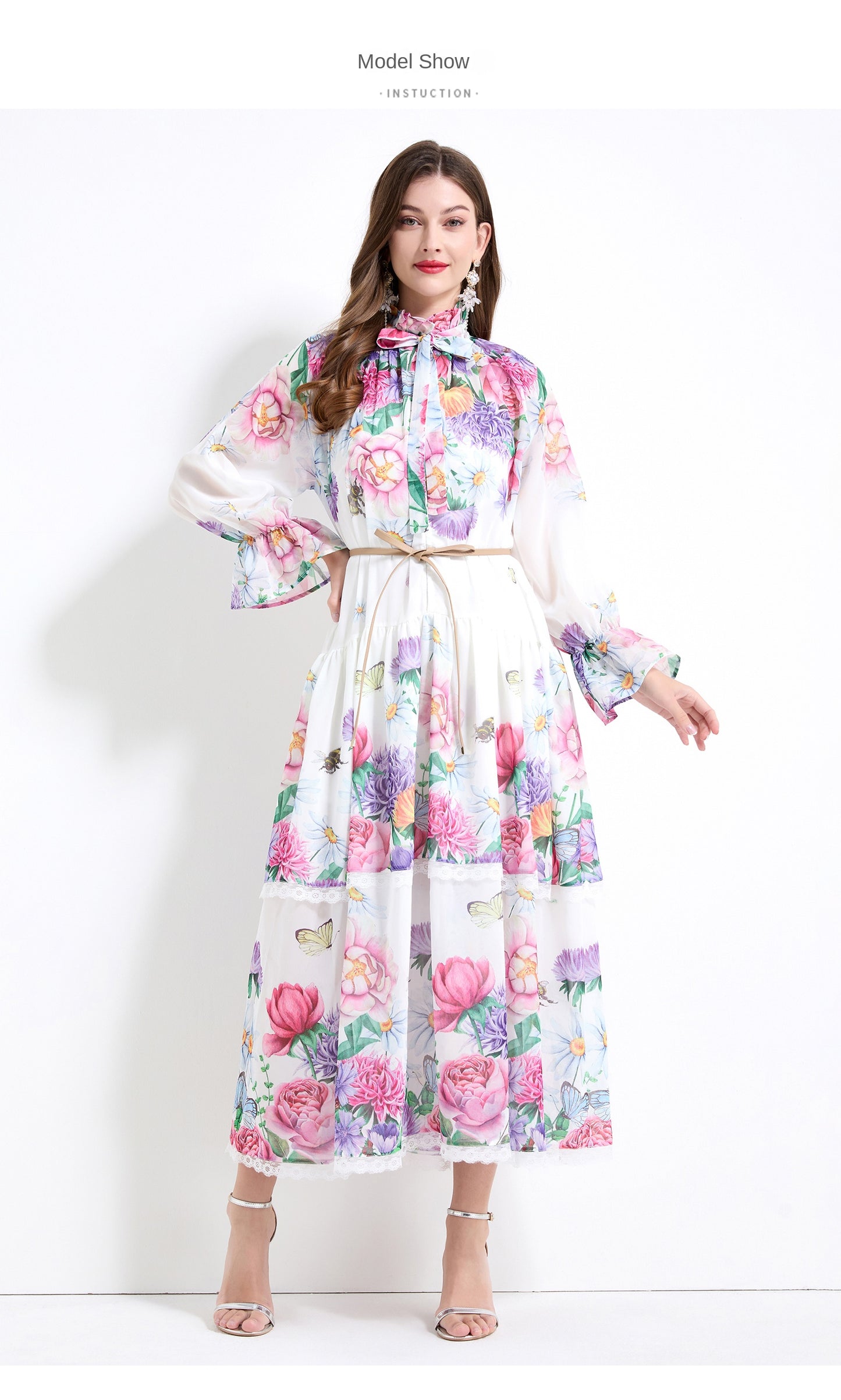 Original design - spring and summer fake lace cake skirt floral print waist ruffle skirt