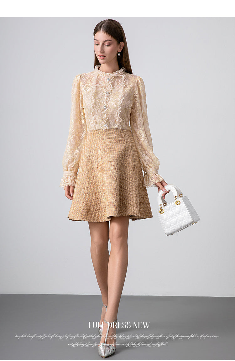 Original Design Heavy Industry Boutique Lace Splicing Coarse tweed Temperament Fake Two Small Fragrant Nail Bead Dresses