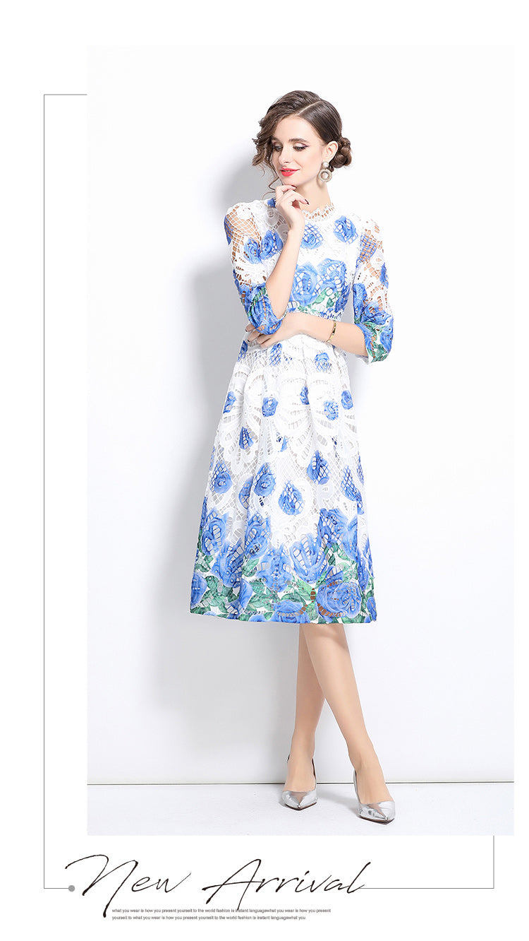 Original design mid long sleeved fashionable slimming hollow out water-soluble lace positioning mid length dress
