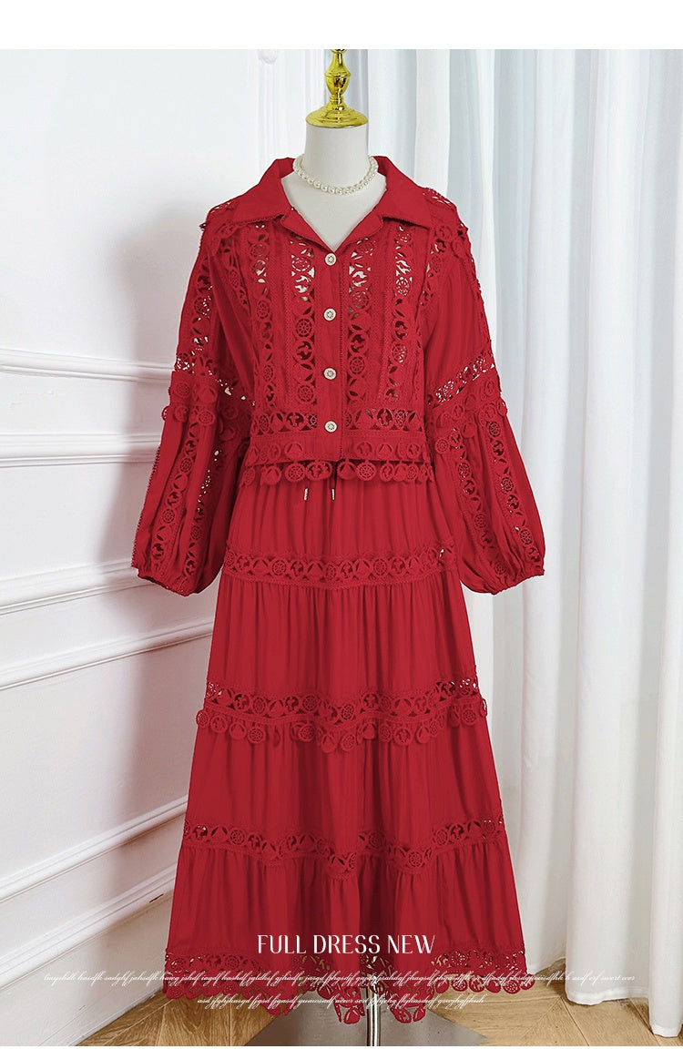 Original Design Heavy Industry Boutique Hollow Collar Lace Splicing Pendant Lace and Long Skirt Set