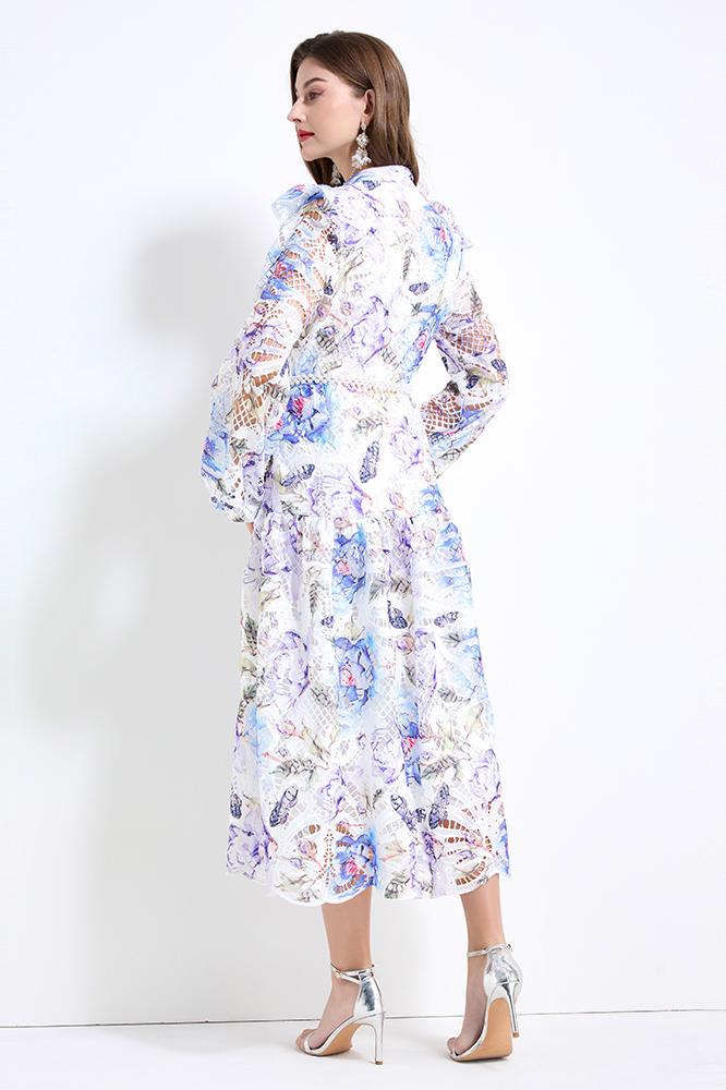 Original design - Spring/Summer vintage stand collar floral print heavy industry water-soluble long waist lace dress