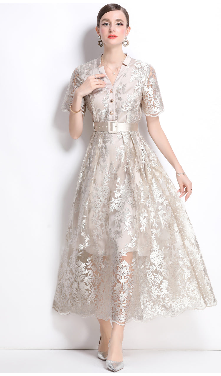 Original design mesh embroidered long dress with pockets, V-neck slim fit dress and belt