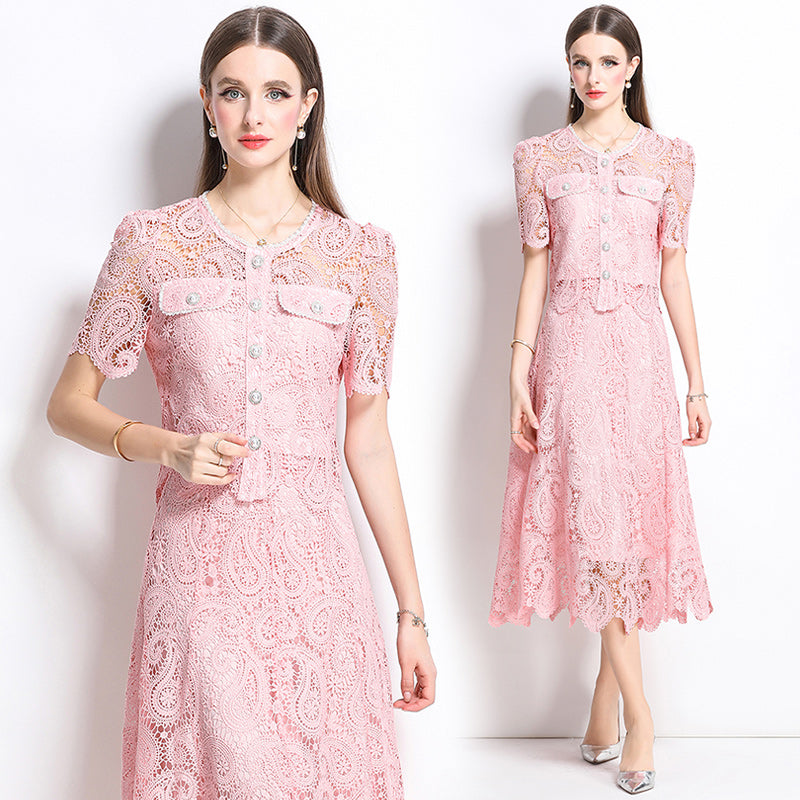 Original design for spring and summer small fragrance style set light luxury and high-end water-soluble lace skirt two-piece set
