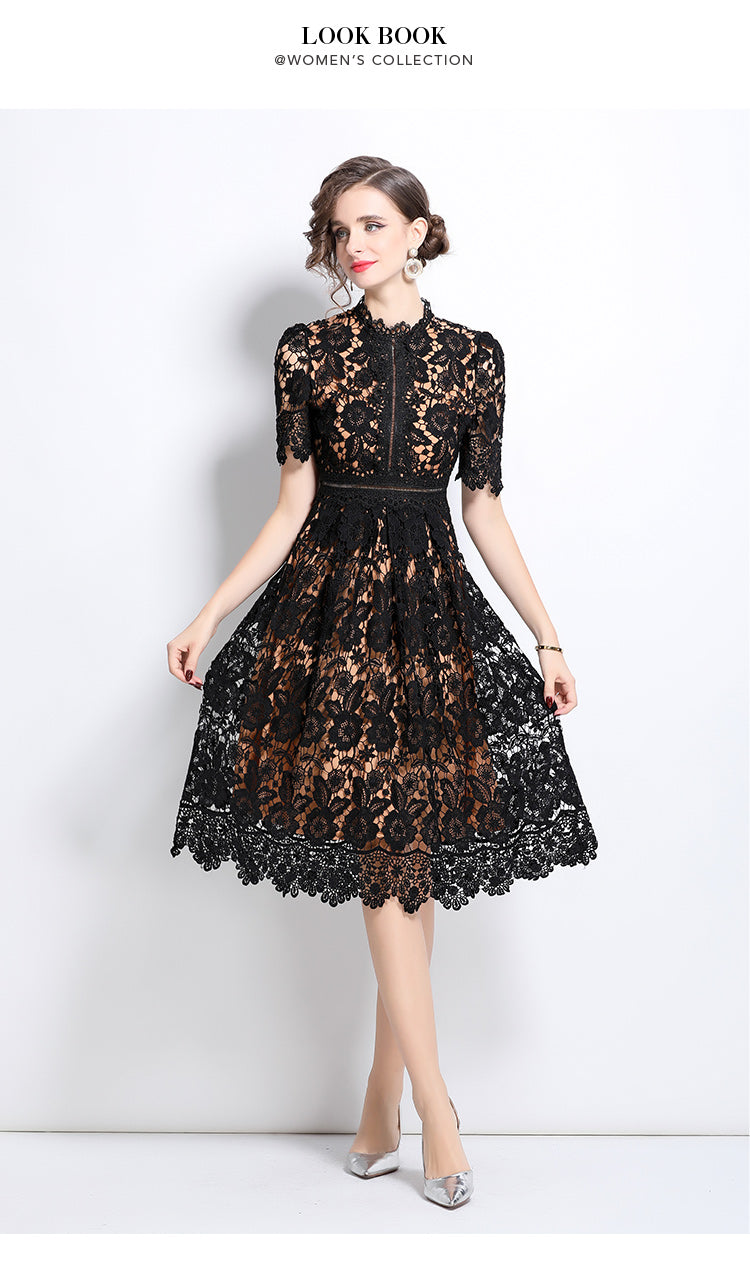 Original design short sleeved slimming hollow out water-soluble lace positioning mid length dress