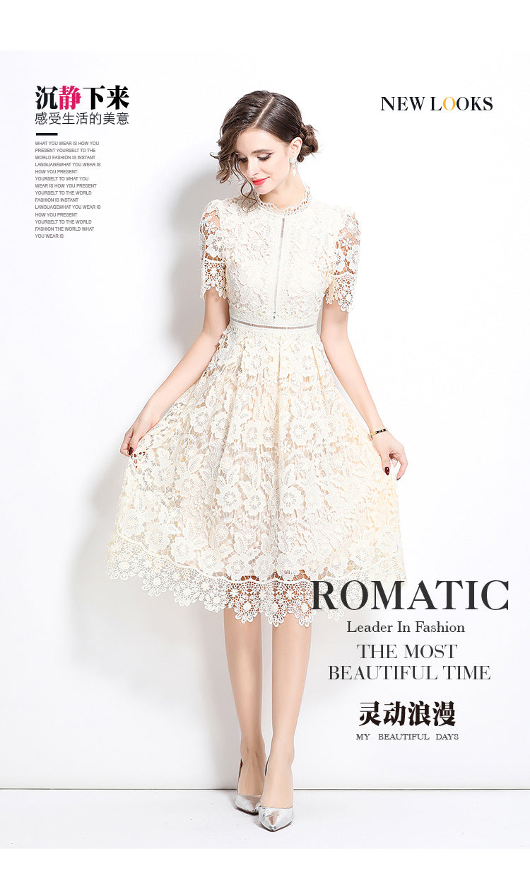 Original design short sleeved slimming hollow out water-soluble lace positioning mid length dress