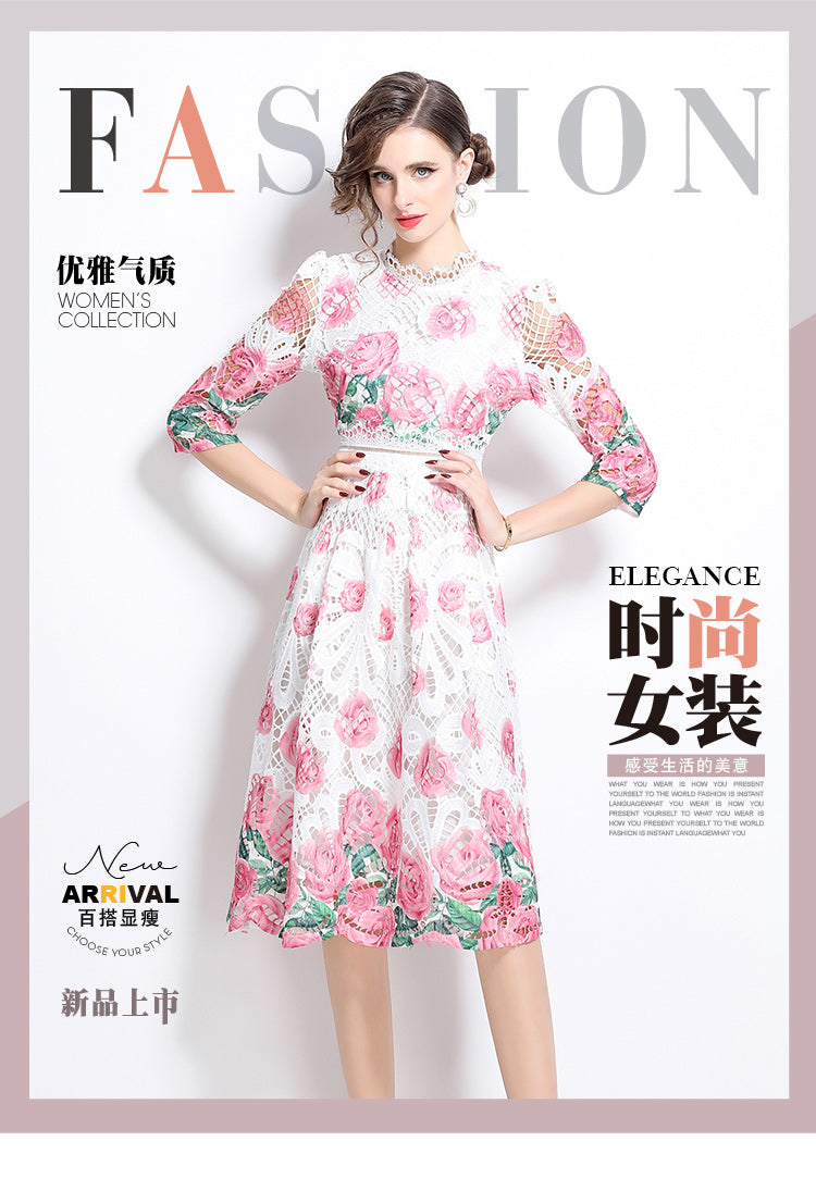 Original design mid long sleeved fashionable slimming hollow out water-soluble lace positioning mid length dress