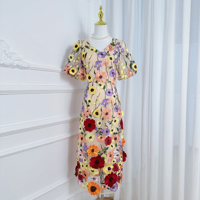 Art embroidery boutique color hand-ordered vintage V-neck slit wrap hip dress