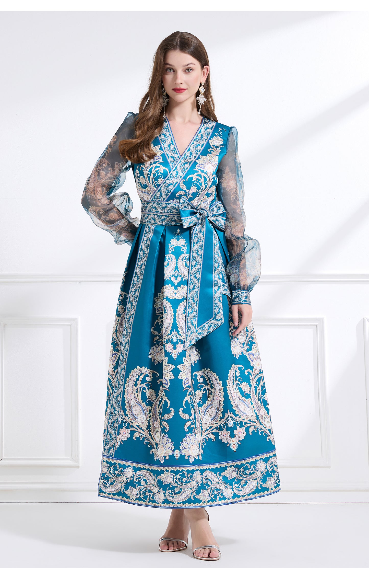 Original design - spring and summer resort style lace patchwork print waist maxi skirt ruffle dress