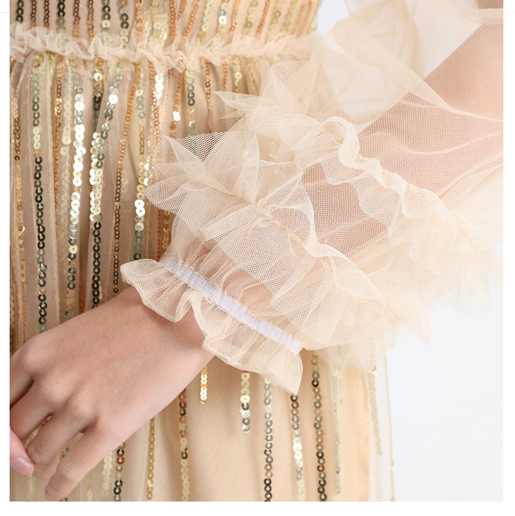 Meizhonggong embroidered sequins mesh stitching fungus edge temperament dress dress