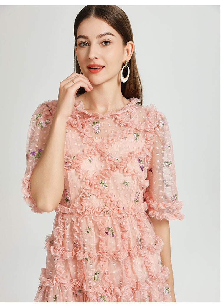 Artwork French romantic boutique custom gauze small floral embroidery short vintage cake dress
