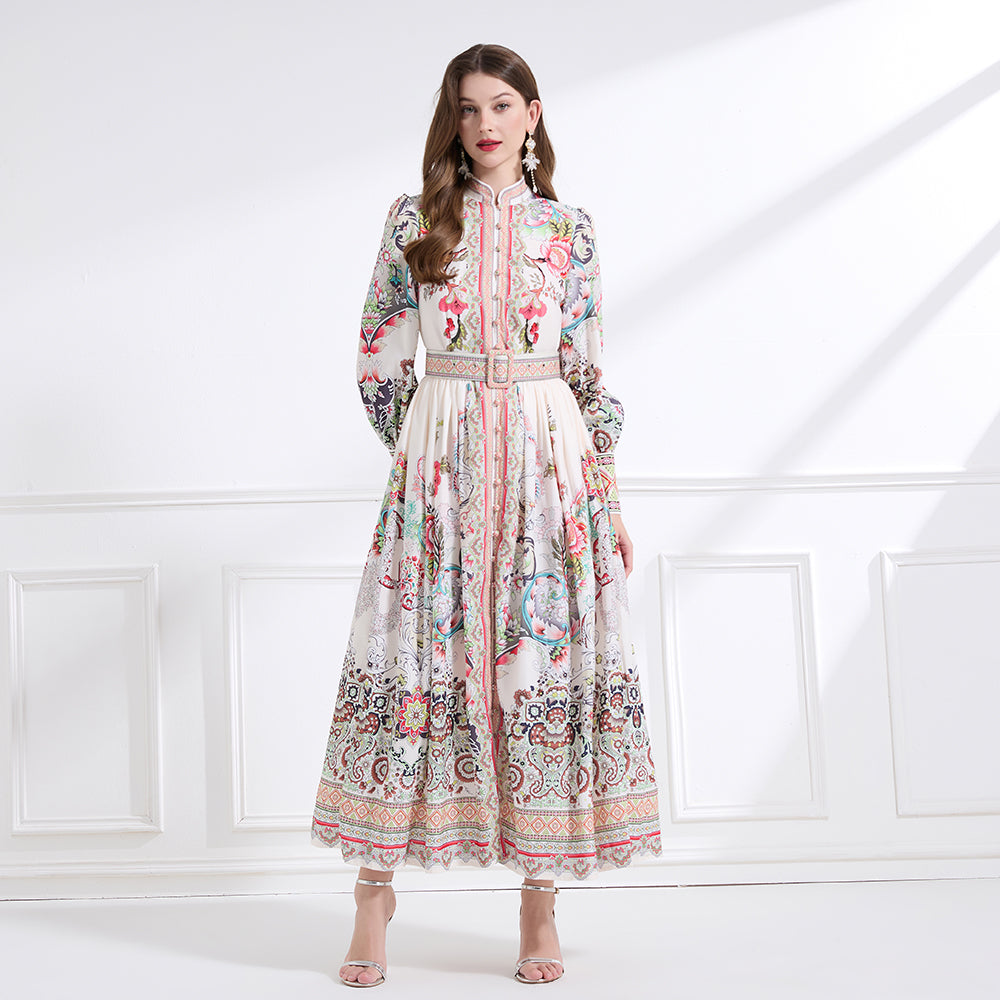 Original design - Spring, Summer, Autumn court style stand collar vintage print balloon sleeve ruffled maxi dress