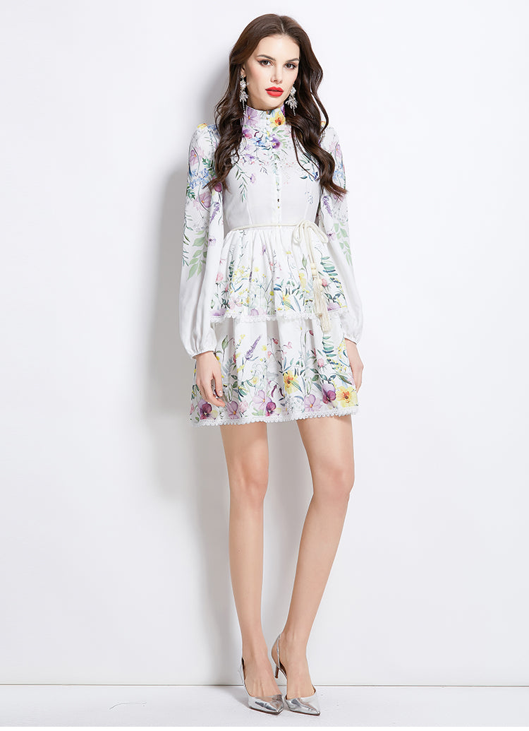 Original Design Spring/Summer/Autumn Vacation Long Sleeve Floral Colorful Waist Collar Cake Dress