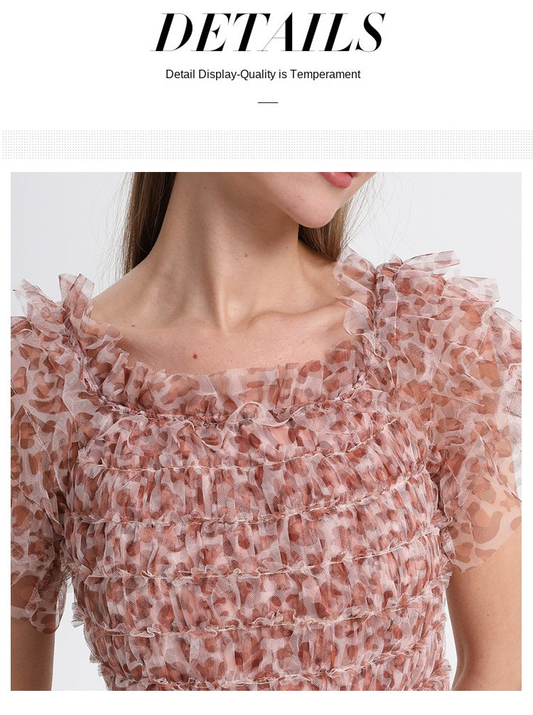 Beautiful French leopard print puff sleeve one-shoulder mesh temperament dress
