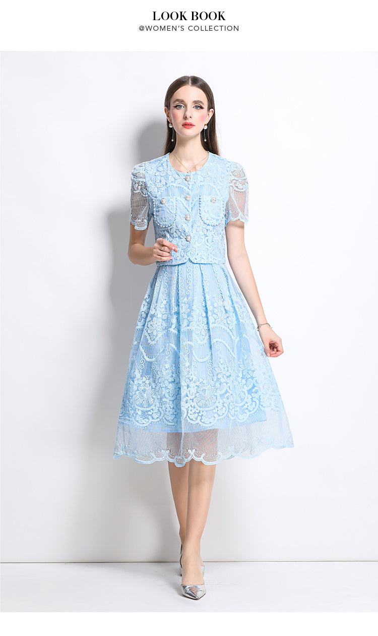Original design for spring and summer small fragrance style set light luxury and high-end water-soluble lace skirt two-piece set
