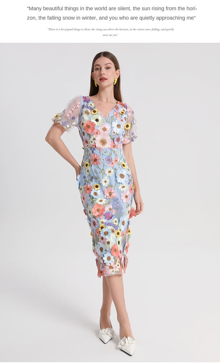 Original Design Heavy Industry Embroidered Boutique Color Handmade Customized Vintage V-neck Split Hip Wrap Dress