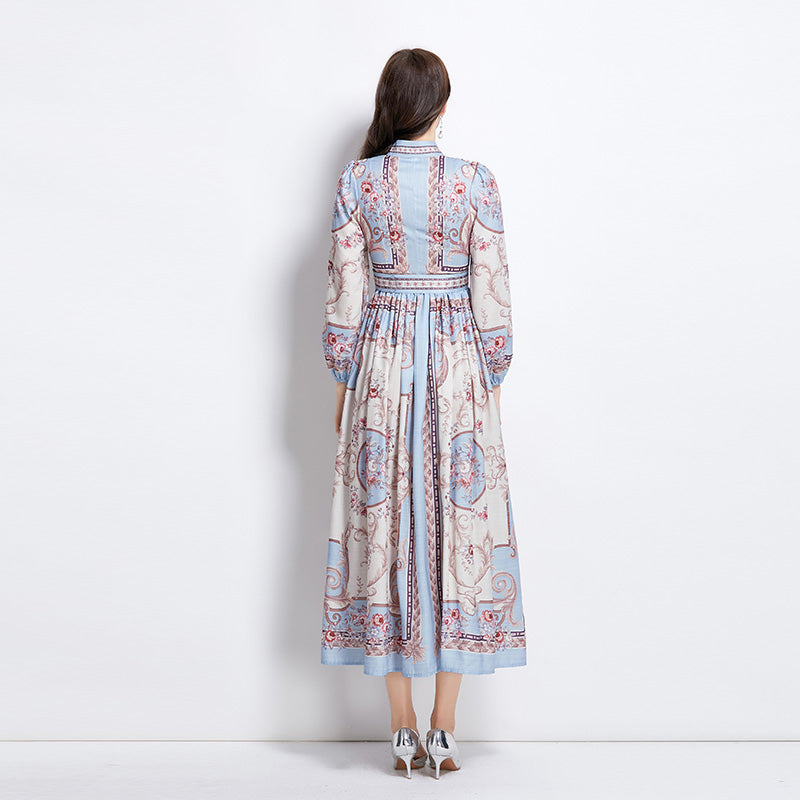 Original design: Spring/summer new court-style pattern stand-up collar long dress