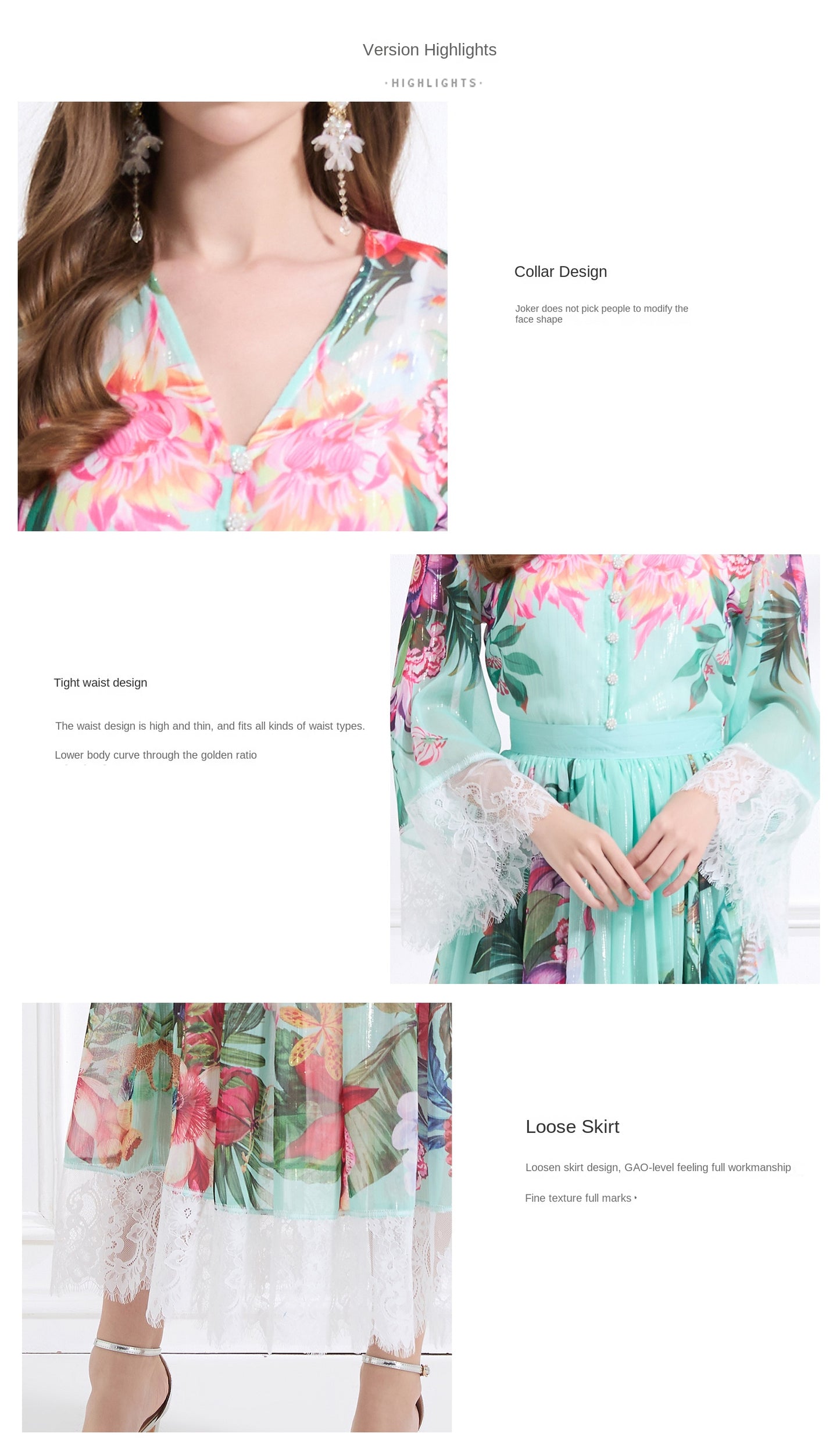 Original design: resort-style V-neck lace print suit, waist-cinching ruffled maxi dress