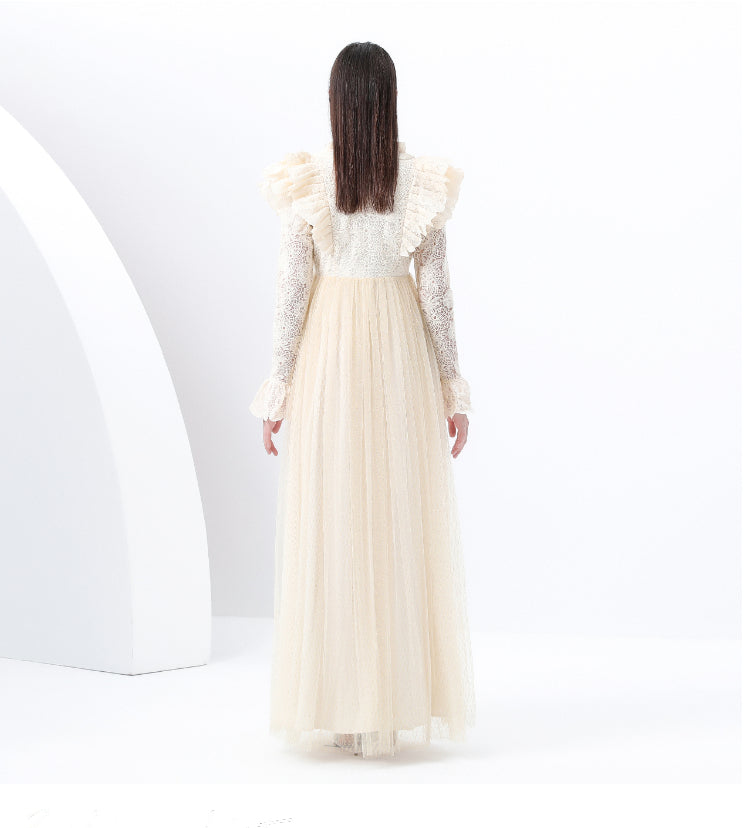 Original design: Spring, Summer, Autumn, resort style, embroidered lace, V-neck, long sleeves, lace and mesh maxi dress