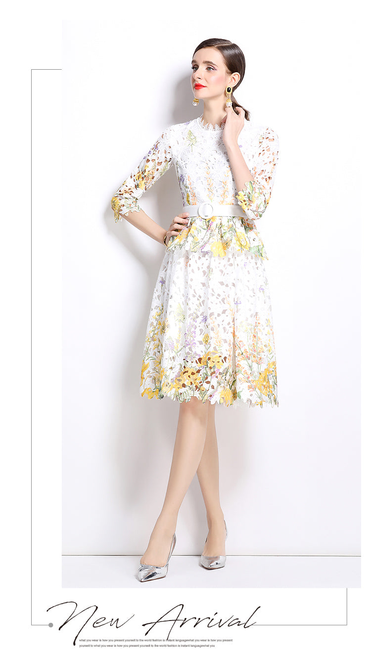 Original design mid long sleeved fashionable slimming hollow out water-soluble lace positioning mid length dress