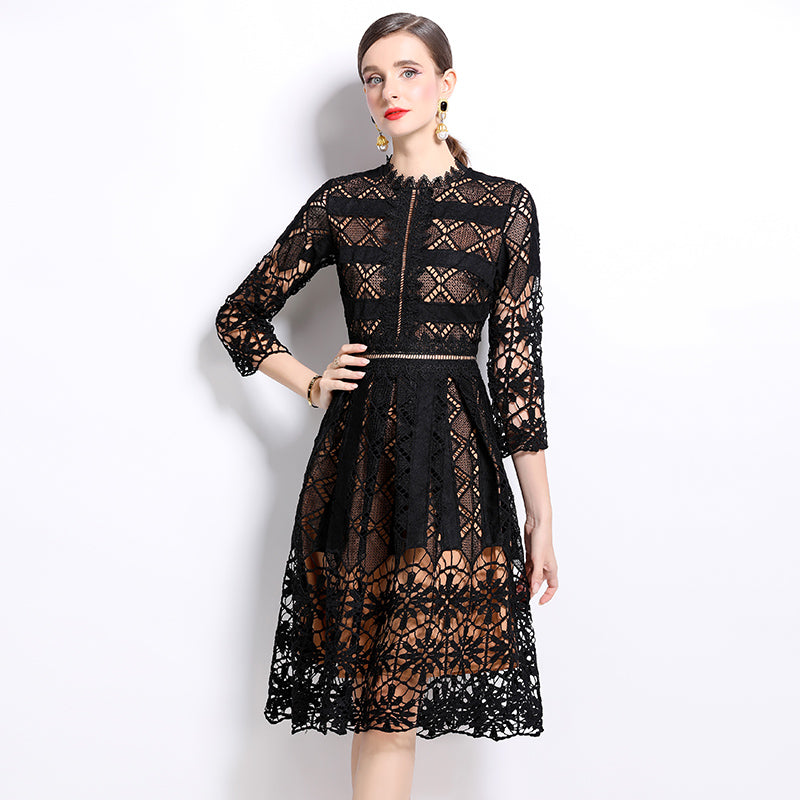 Original design mid long sleeved slimming hollow out water-soluble lace positioning printed mid length dress for spring, summer, autumn vacation