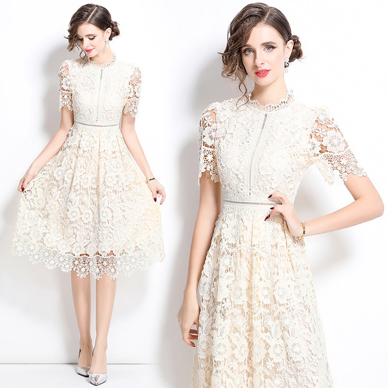 Original design short sleeved slimming hollow out water-soluble lace positioning mid length dress