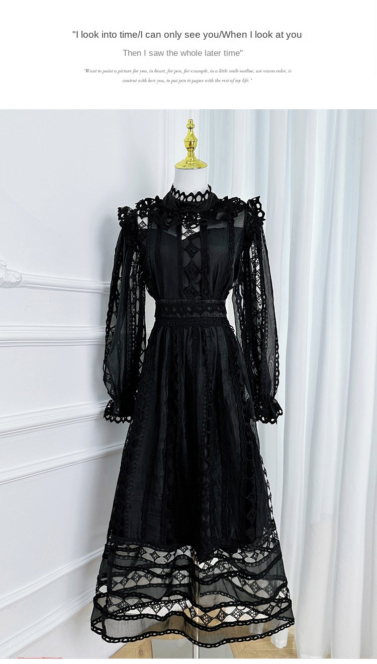 Original design graphic hollow embroidery solid color French long skirt with waist cinching temperament dress